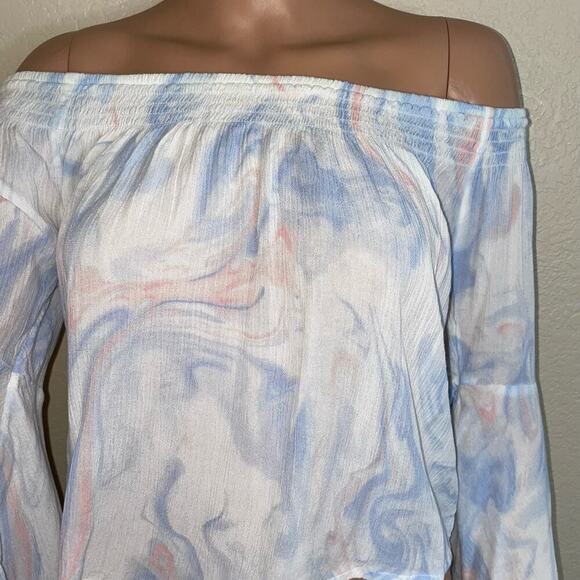 Hollister BoHo tie dyed flutter wide sleeve cropped blouse top off shoulder SZ M - Picture 6 of 10